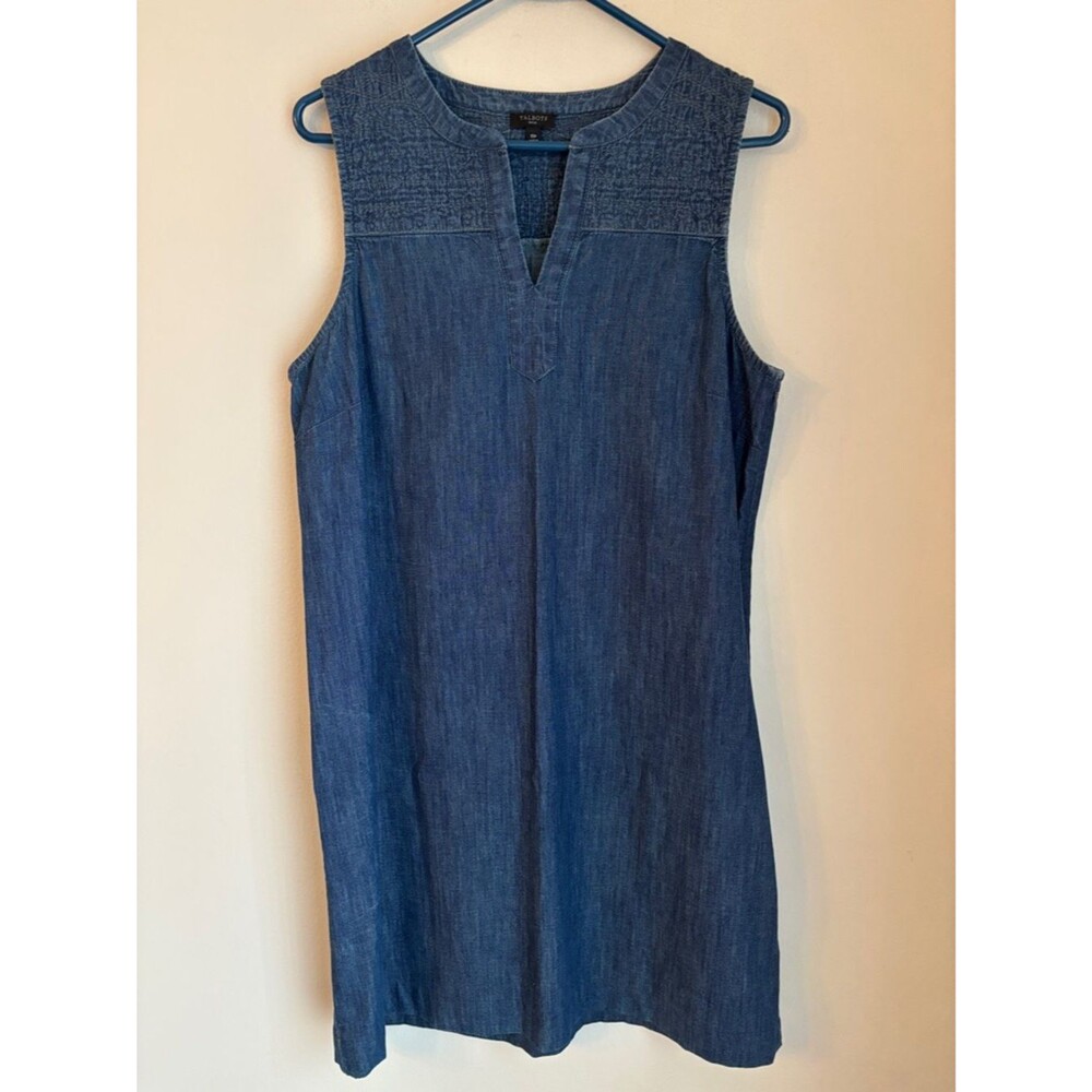 Talbots women’s Chambray sleeveless embroidered Shift Dress petite 10 EUC casual